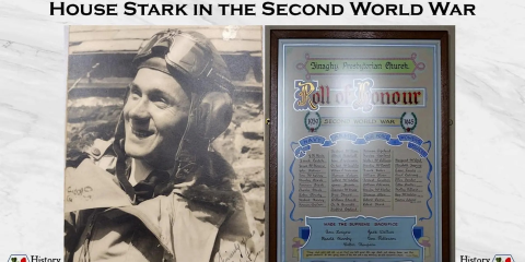 Black and white photograph of a man in pilot's uniform and a colour photograph of the roll of honour plaque for the Finaghy Presbyterian Church