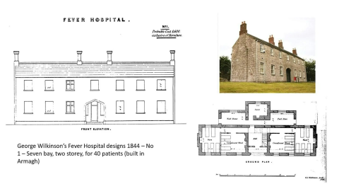 Architectural drawing and floor plan of a fever hospital designed by George Wilkinson