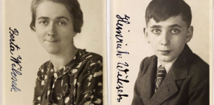 Sepia tone photographs of three artworks in a row. The first is a wallpaper design with a pattern of trees, the second a ceramic of the Virgin Mary and the last is an illustration of a couple walking amongst trees and a small pond.