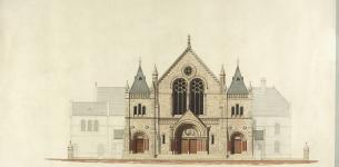 Colourful architectural design of a large church building titled 'Design for Townsend Street Church'.