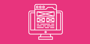 Icon in white of a computer screen with a loaded webpage over a pink background.
