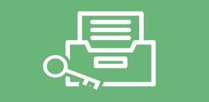 Icon of an archival box with a document sticking out and a key on the left hand side.