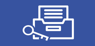 Graphic of an archival box with a document and a key on the left hand side.