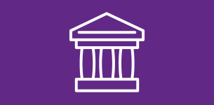 Icon in white of a courthouse over a purple backdrop.