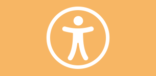 Icon in white of a figure with arms stretched out in a circle over an orange background.