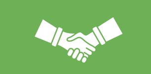 Icon in white of two hands shaking over a green background.
