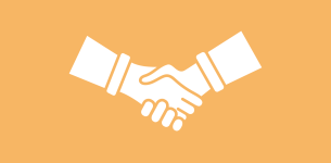 Icon in white of two hands shaking over an orange background.
