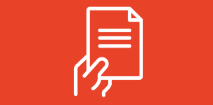 Icon in white of a hand holding a document.