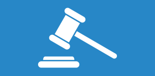 Icon of a gavel with a blue background.