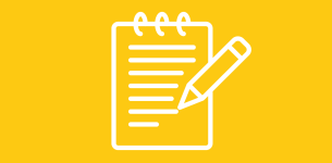 Icon in white of a document with a pencil over it with a yellow background.