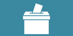 Icon in white of a voting ballot being inserted into a box, over a blue backdrop.