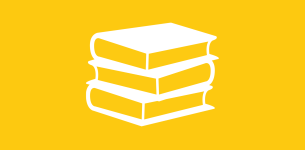 Icon in white of a stack of three books over a yellow background.