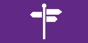 Icon in white of a street sign over a purple backdrop.