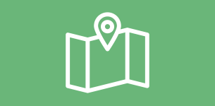 Icon in white of a map with a location symbol in the middle over a green background.