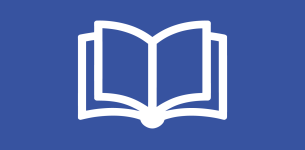 Icon in white of an open book over a dark blue background.