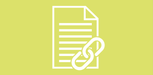 Icon in white of a document with a link symbol in the bottom right corner over a lime green background.