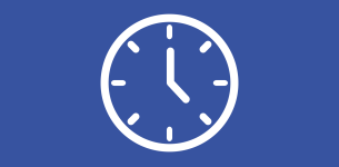Icon in white of a clock over a dark blue backdrop.
