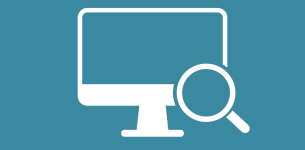 Icon in white of a computer screen with a magnifying glass over the bottom right hand corner.
