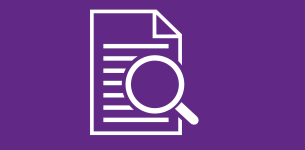 Icon in white of a document with a magnifying glass on the right hand side, over a purple backdrop.