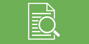 Icon in white of a document with a magnifying glass on the right hand side, over a green backdrop.