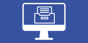Icon in white of a computer screen with an archival box with a document sticking out in the middle, over a blue background.