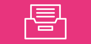 Icon in white of an archival box with a document sticking out over a pink background.