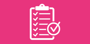 Icon in white of a checklist on a clipboard over a pink background.