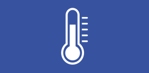 Icon in white of a thermometer filled to three quarters over a blue background. 