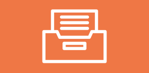 Icon in white of an archival box with a document sticking out over an orange background.