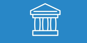 Icon in white of a courthouse over a blue backdrop.