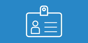 Icon in white of an ID card over a blue background.