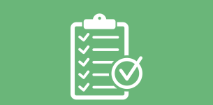 Icon in white of a checklist on a clipboard over a green background.