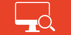 Icon in white of a computer screen with a magnifying glass over the bottom right hand corner over a red background..
