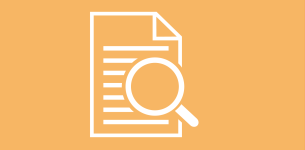 Icon in white of a document with a magnifying glass on the right hand side, over an orange backdrop.