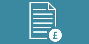 Icon in white of a document with a currency symbol on the bottom right side, over a turquoise background.