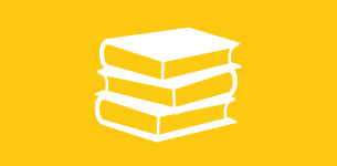 Icon in white of a stack of books over a yellow background.