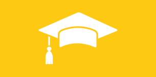 Icon in white of a graduation cap over a yellow background.