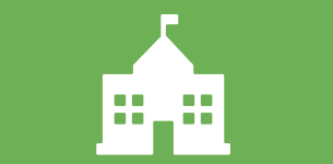 Icon in white of a small school building over a green background.