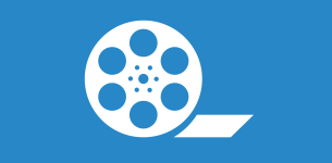 Icon in white of a film reel over a blue background.