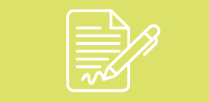 Icon in white of a document with a pencil and signature at the bottom, over a light green background.