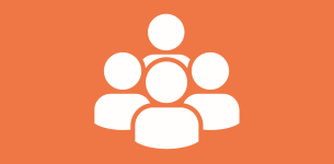 Icon in white of a group of figures over a dark orange background.