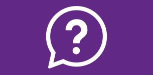 Icon in white of a speech bubble with a question mark inside over a purple background.