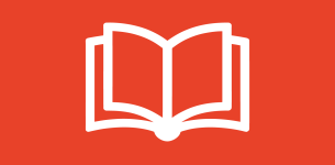 Icon in white of an open book over a red background.