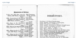 Screenshot of a web page with the heading "Belfast Directory 1831-1832" with a scanned image of book pages below. The image has two pages, the left hand side featureing figures, dates and text, the page on the right features a list of alphabetical names and streets.