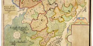 Colourful hand-drawn map titled 'part of the barony of Donganon' featuring townland names and bodies of water.