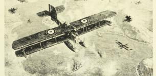 Image of a card with a sketch of war planes flying over a field with the caption 'Naval aircraft bomb stranded cruiser'.