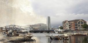 Merge photograph of a landscape of a river bank with surrounding buildings and a small boat in the river. The left hand side is a sketch and the right is a modern photograph.