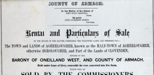 Black and white image of a certificate titled 'Rental and Particulars of Sale' in the middle, created by the Court of the 'Commissioners for Sale of Incumbered Estates in Ireland' that lists townland names, the names of the owner of the estate and the date 'Thursday, the 24th day of June, 1858' at the bottom.