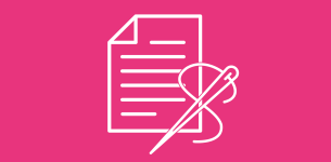 Icon in white of a page of paper with horizontal lines and a needle and thread over the bottom right corner.