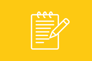 Icon in white of a document with a pencil over it with a yellow background.